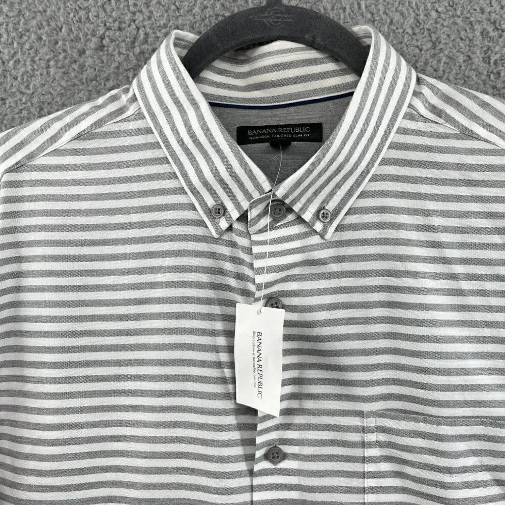 Banana republic button down shirt mens large gray white stripe NEW
